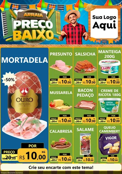 Modelo de Encarte para Encarte A4 Vertical com o tema Arraiá de Preço Baixo - Junina para Frios e Laticínios
