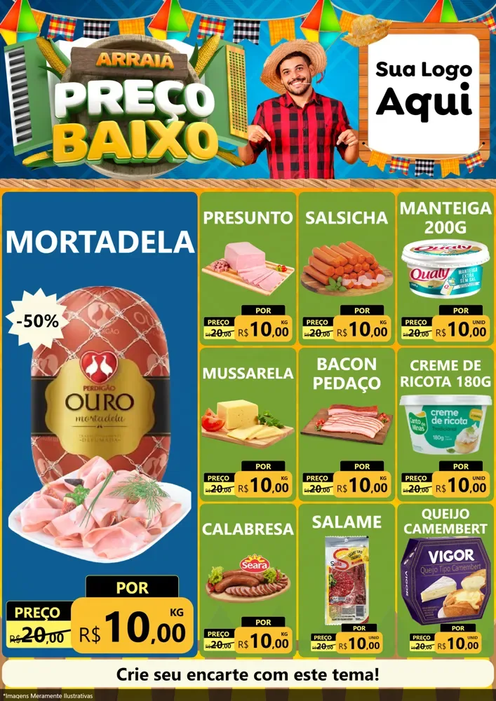 Modelo de Encarte para Encarte A4 Vertical com o tema Arraiá de Preço Baixo - Junina para Frios e Laticínios