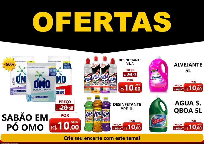 Modelo de Encarte para Encarte A4 Horizontal com o tema Ofertas Preto e Vermelho Cartaz para Produtos de Limpeza