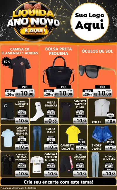 Modelo de Encarte para Encarte Grande com o tema Liquida Ano Novo É Aqui! para Roupas e acessórios