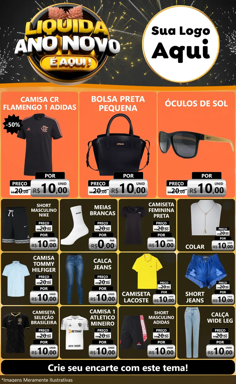 Modelo de Encarte para Encarte Grande com o tema Liquida Ano Novo É Aqui! para Roupas e acessórios