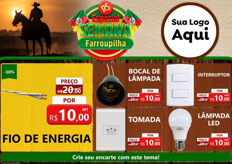 Modelo de Encarte para Encarte A4 Horizontal com o tema Especial Semana Farroupilha para Materiais Elétricos