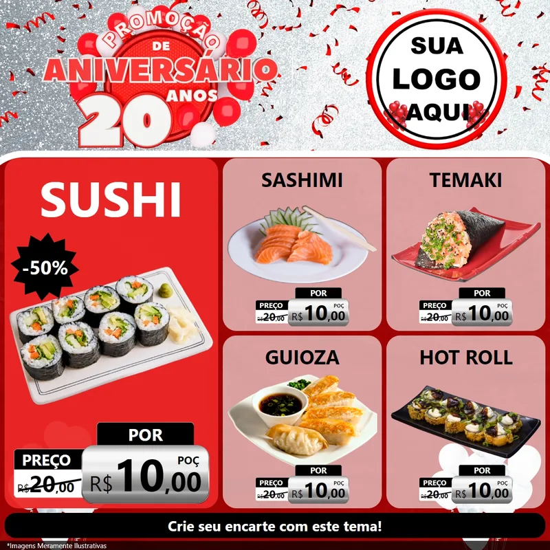 Modelo de Rede Social para Feed Facebook com o tema Promoção de Aniversário - 20 Anos para Comida japonesa