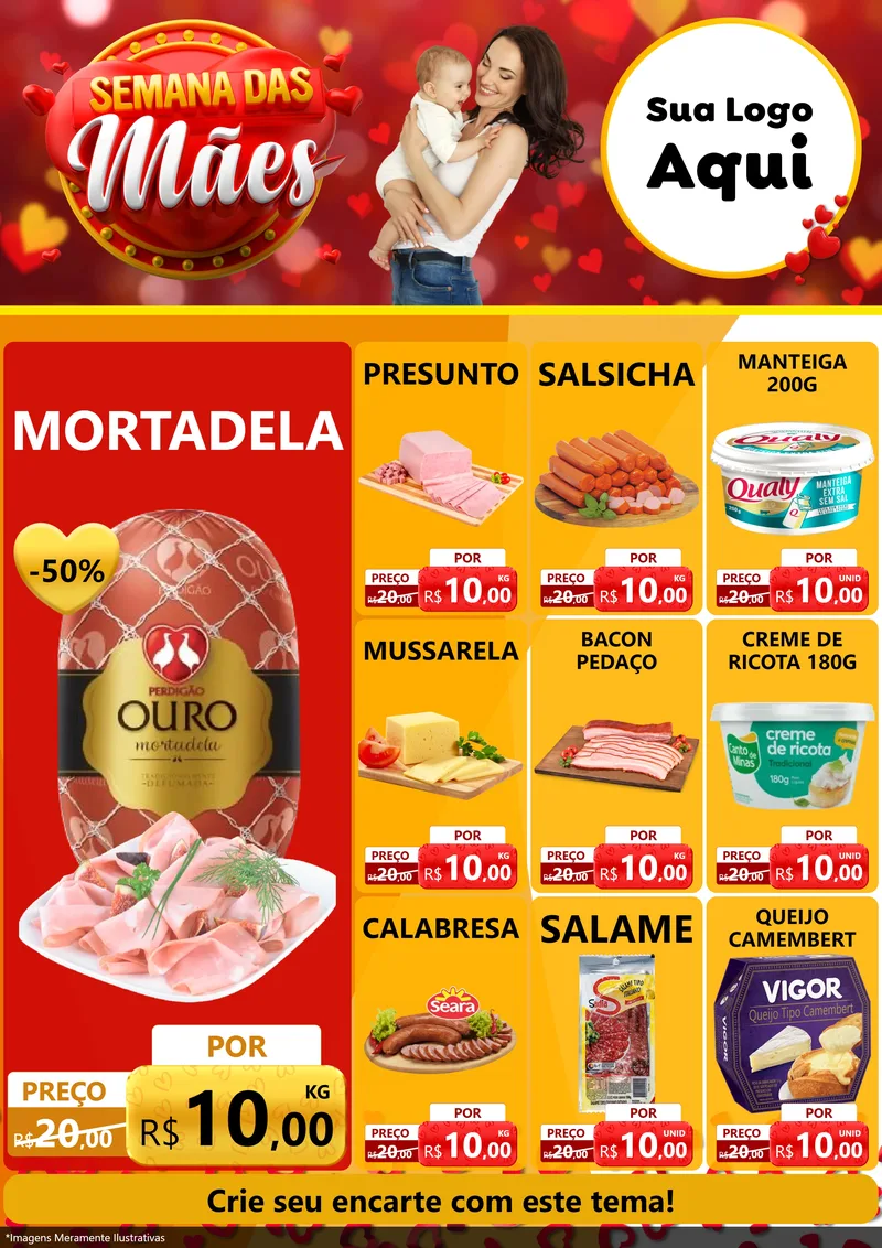 Modelo de Encarte para Encarte A4 Vertical com o tema Semana das Mães para Frios e Laticínios
