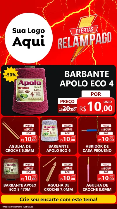 Modelo de Rede Social para Stories com o tema Ofertas Relâmpago para Armarinho e Aviamentos