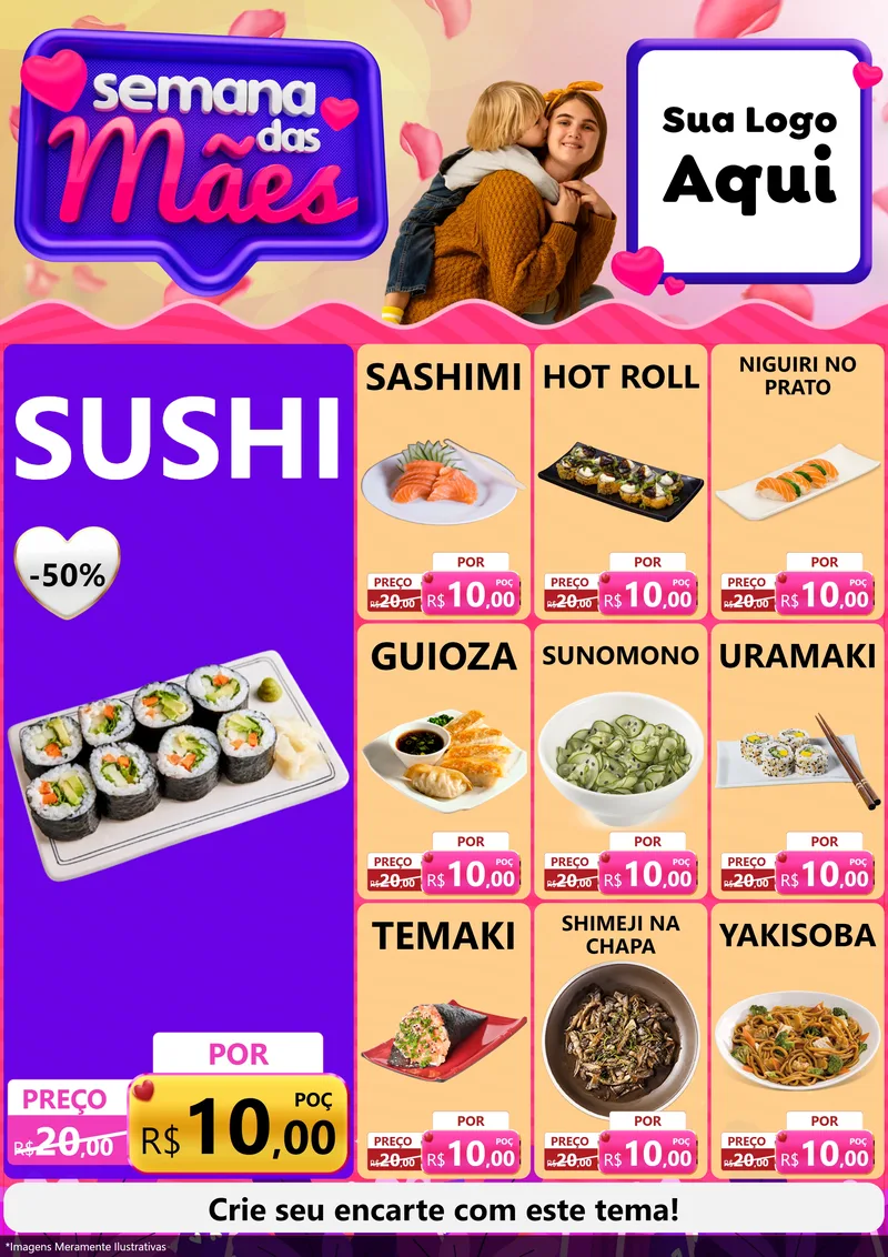 Modelo de Encarte para Encarte A4 Vertical com o tema Semana das Mães para Comida japonesa