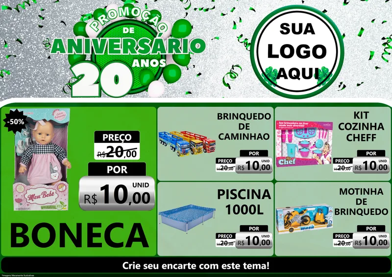Modelo de Encarte para Encarte A4 Horizontal com o tema Promoção de Aniversário - 20 Anos para Brinquedos