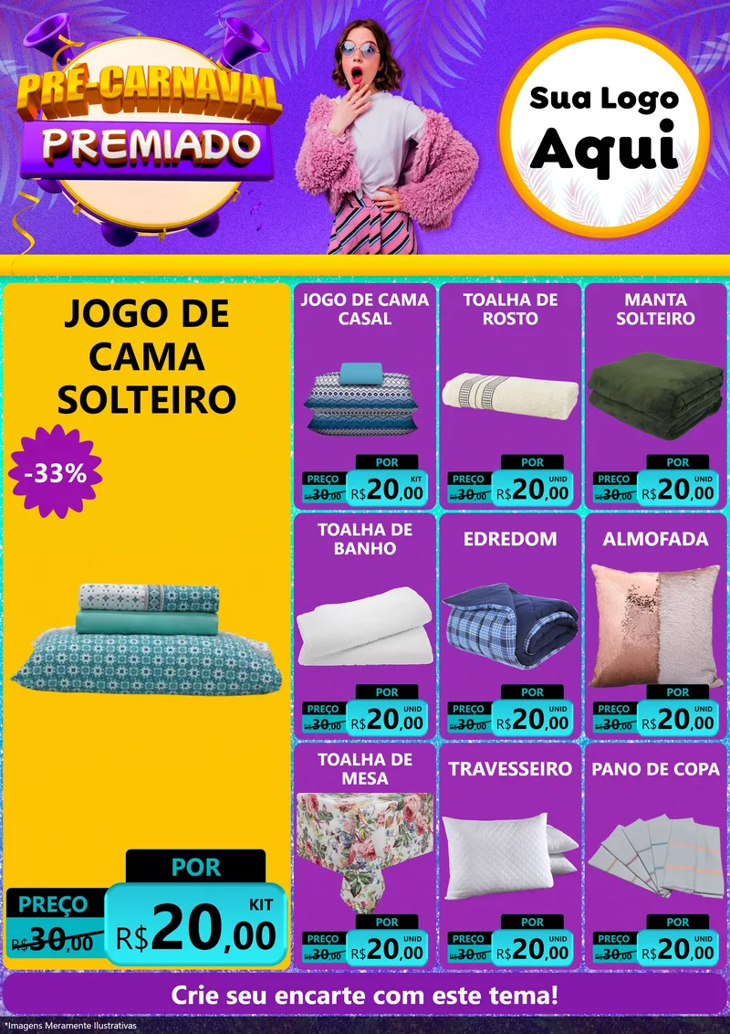 Modelo de Encarte para Encarte A4 Vertical com o tema Pré-Carnaval Premiado para Cama, Mesa e Banho