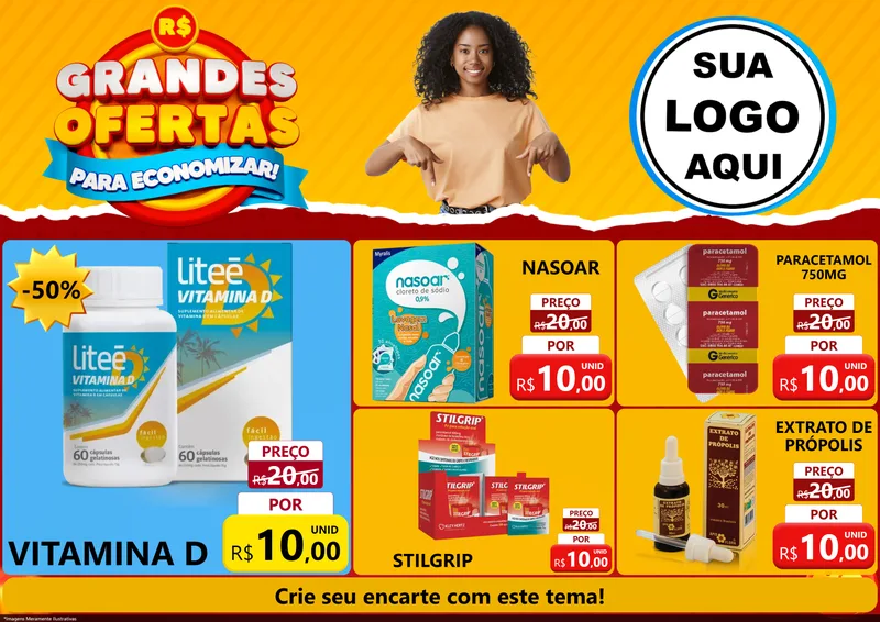 Modelo de Encarte para Encarte A4 Horizontal com o tema Grandes Ofertas Para Economizar! para Farmácia