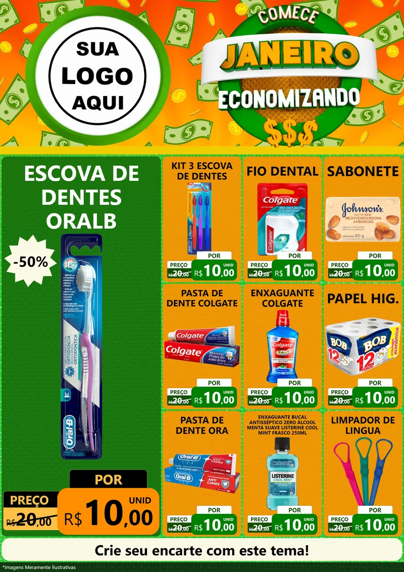 Modelo de Encarte para Encarte A4 Vertical com o tema Comece Janeiro Economizando para Higiene Pessoal