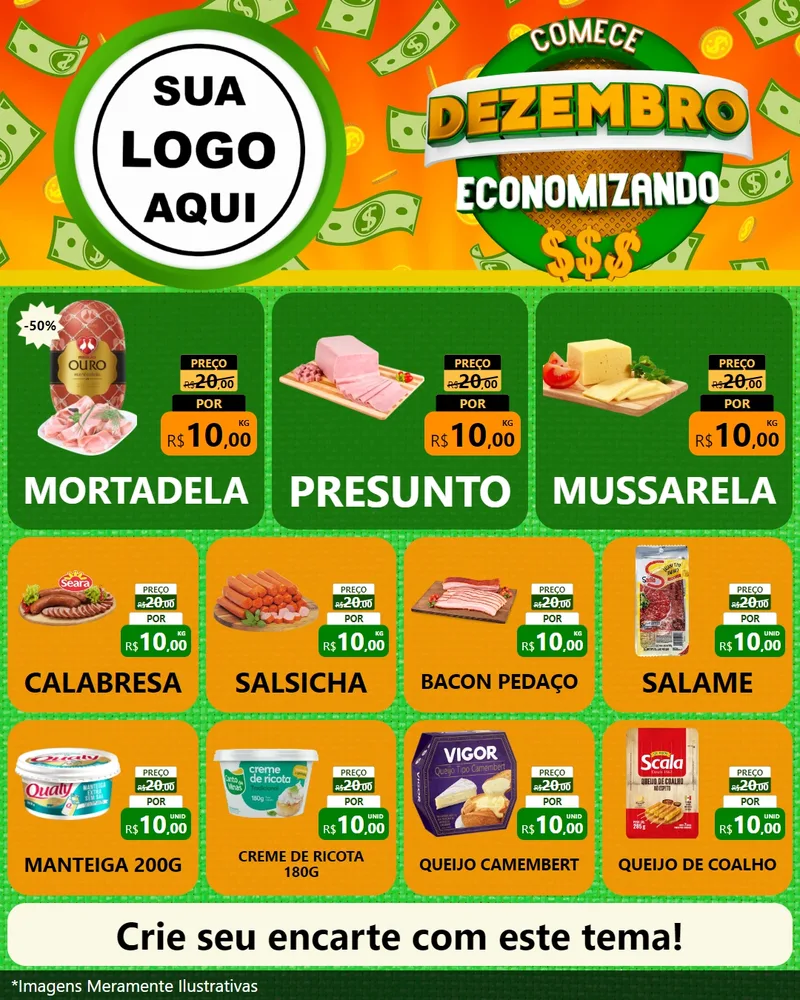 Modelo de Rede Social para Feed Instagram com o tema Comece Dezembro Economizando para Frios e Laticínios