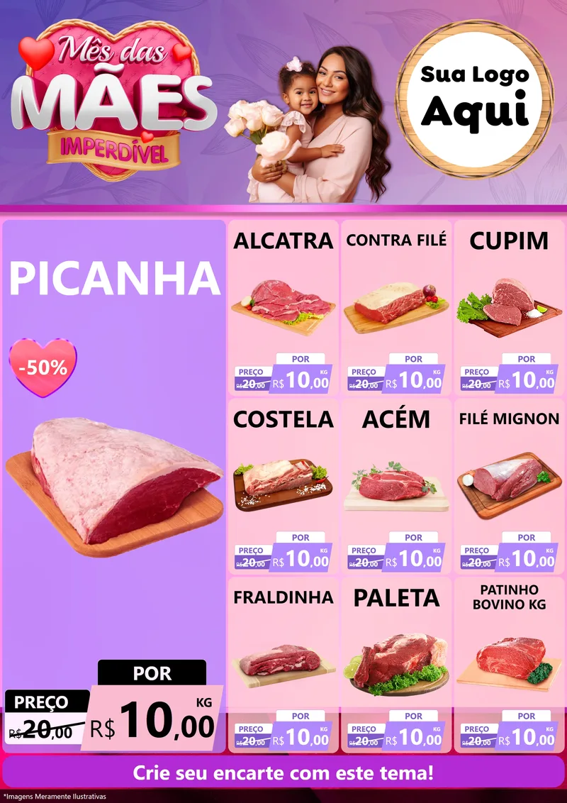Modelo de Encarte para Encarte A4 Vertical com o tema Mês das Mães Imperdível para Açougue
