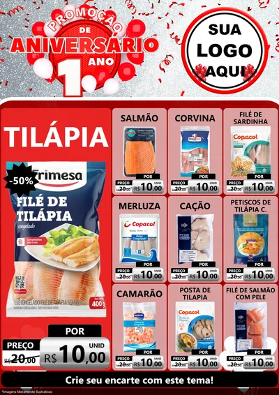 Modelo de Encarte para Encarte A4 Vertical com o tema Promoção de Aniversário - 1 Ano para Peixaria