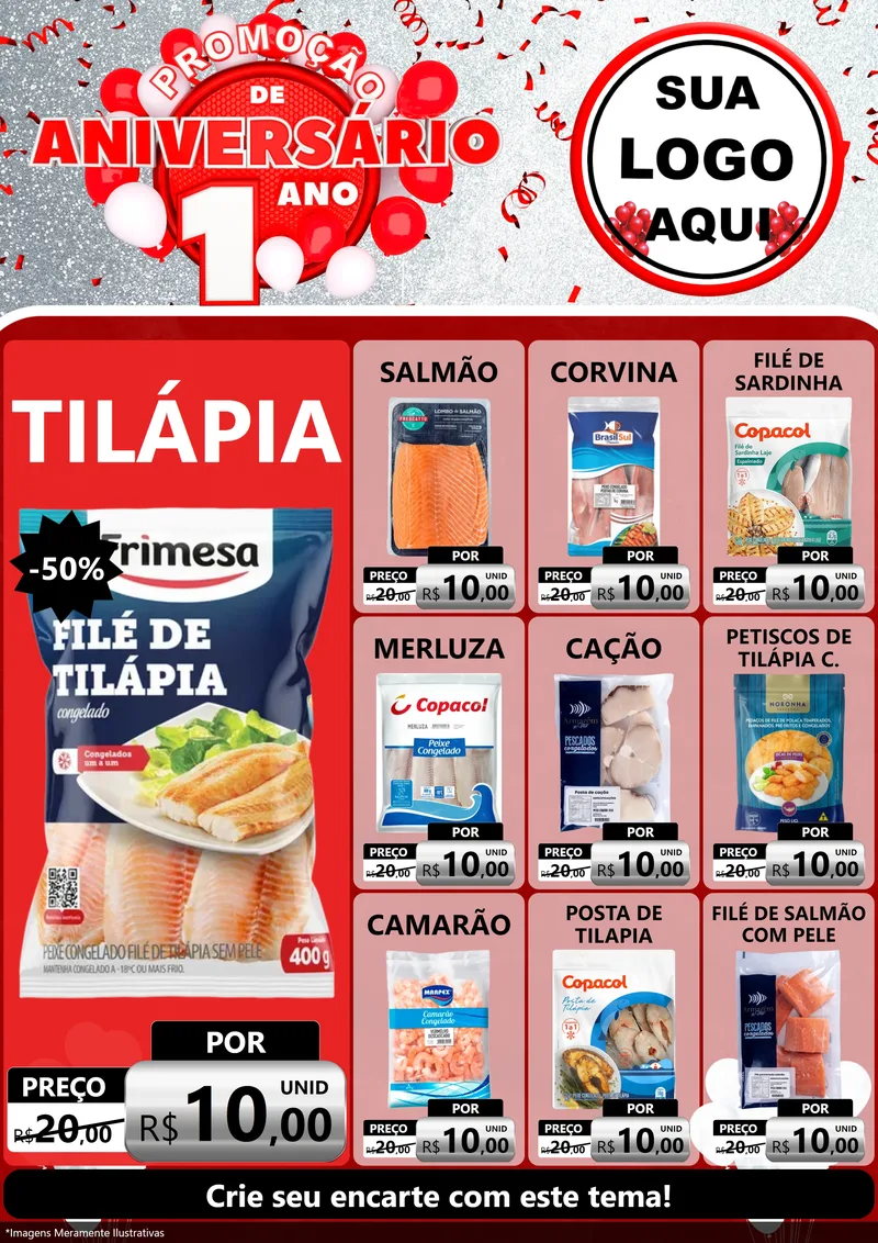 Modelo de Encarte para Encarte A4 Vertical com o tema Promoção de Aniversário - 1 Ano para Peixaria