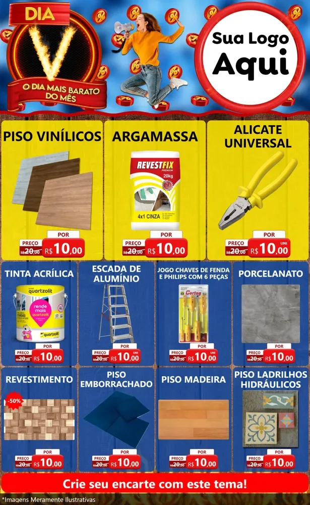 Modelo de Encarte para Encarte Grande com o tema Dia V - O Dia Mais Barato Do Mês para Material para Construção