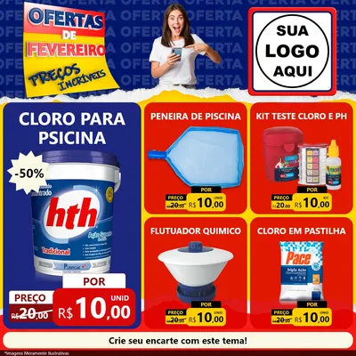 Modelo de Rede Social para Feed Facebook com o tema Ofertas de Fevereiro - Preços Incríveis para Produtos para Piscina