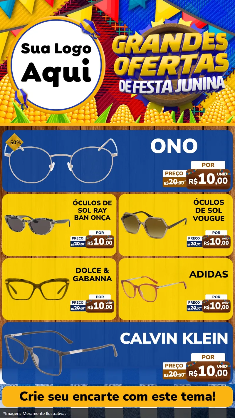 Modelo de TV para TV Vertical com o tema Grandes Ofertas de Festa Junina para Óticas