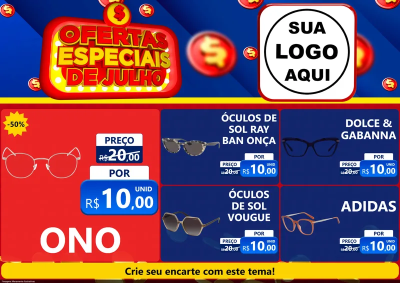 Modelo de Encarte para Encarte A4 Horizontal com o tema Ofertas Especiais de Julho para Óticas