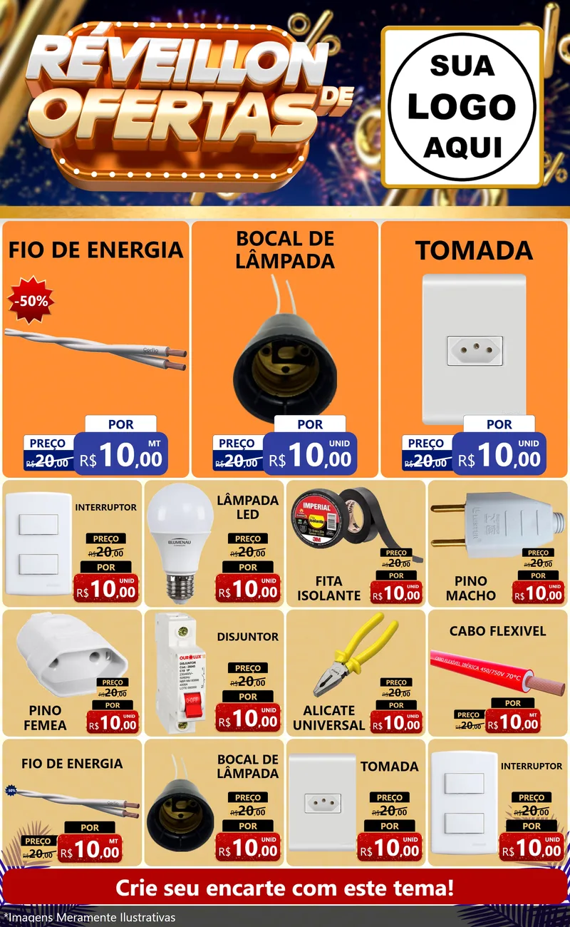Modelo de Encarte para Encarte Grande com o tema Réveillon de Ofertas para Materiais Elétricos