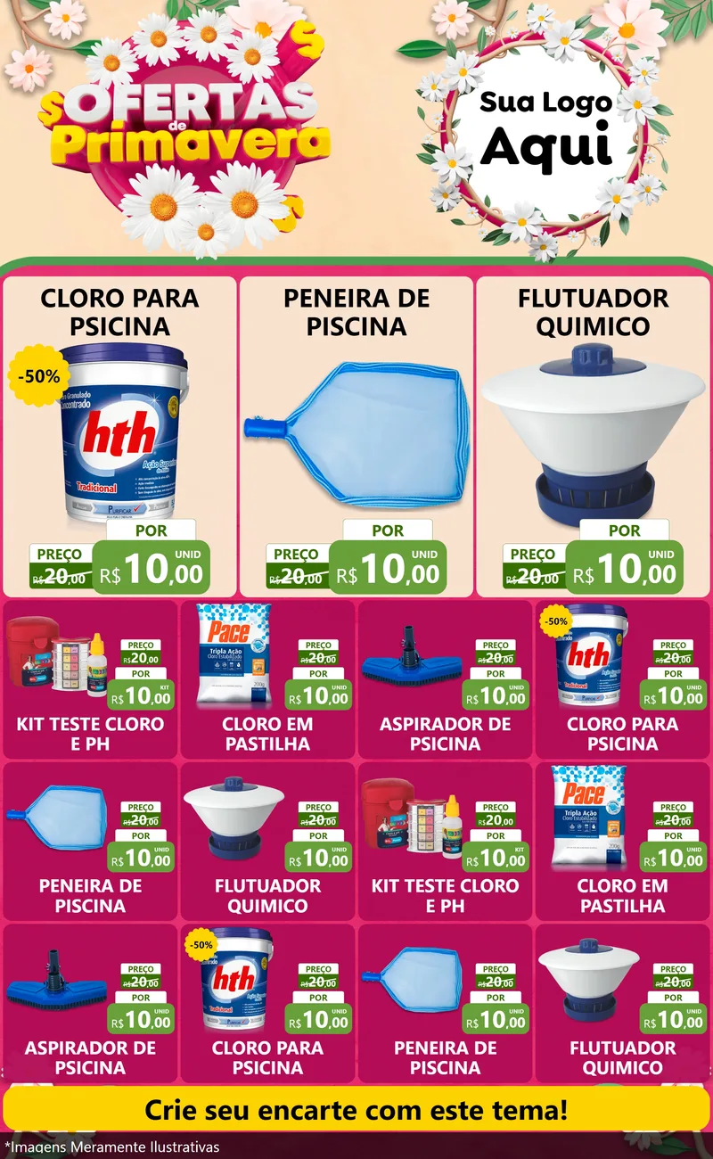 Modelo de Encarte para Encarte Grande com o tema Ofertas de Primavera para Produtos para Piscina