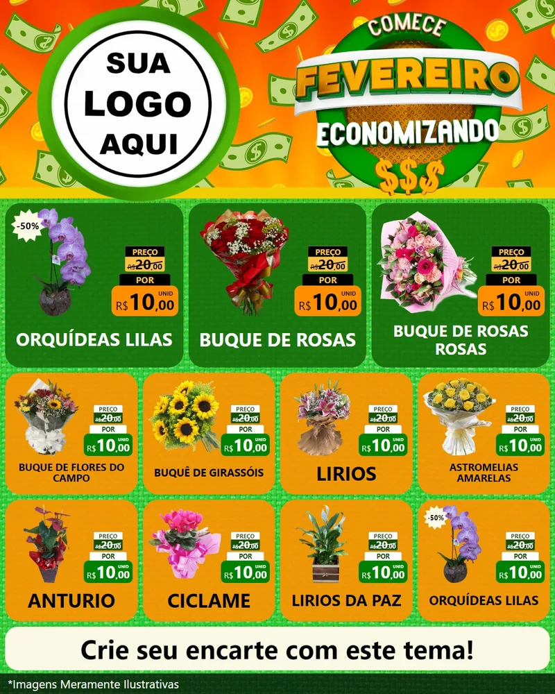 Modelo de Rede Social para Feed Instagram com o tema Comece Fevereiro Economizando para Floricultura e jardim