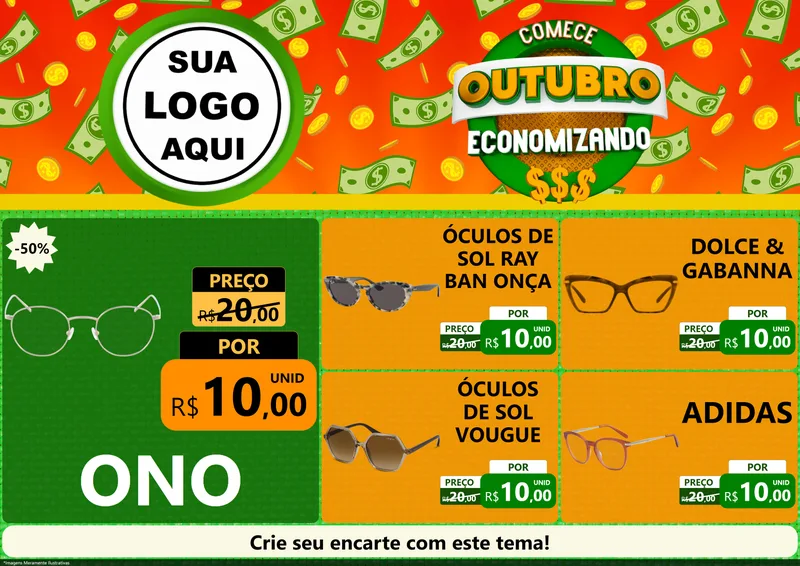 Modelo de Encarte para Encarte A4 Horizontal com o tema Comece Outubro Economizando para Óticas