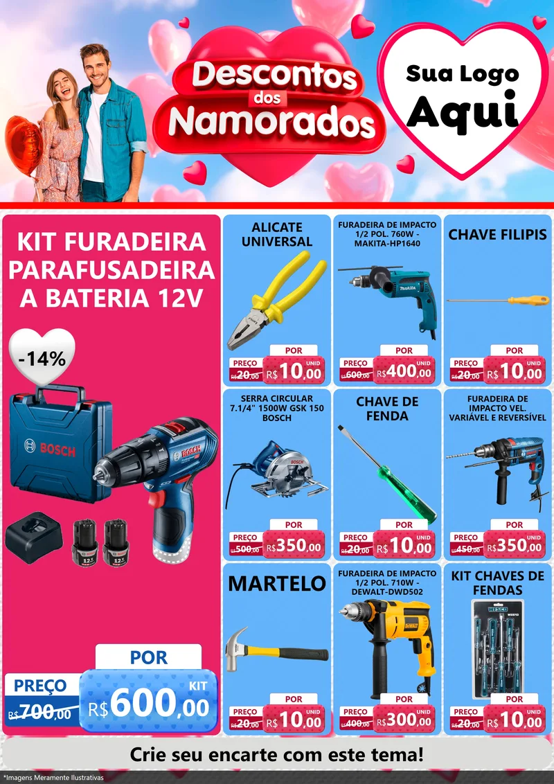 Modelo de Encarte para Encarte A4 Vertical com o tema Descontos dos Namorados para Maquinas e Ferramentas