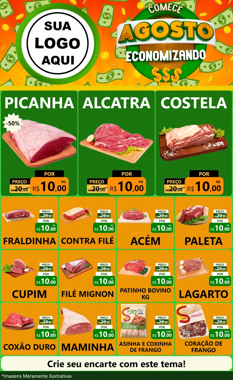 Modelo de Encarte para Encarte Grande com o tema Comece Agosto Economizando para Açougue