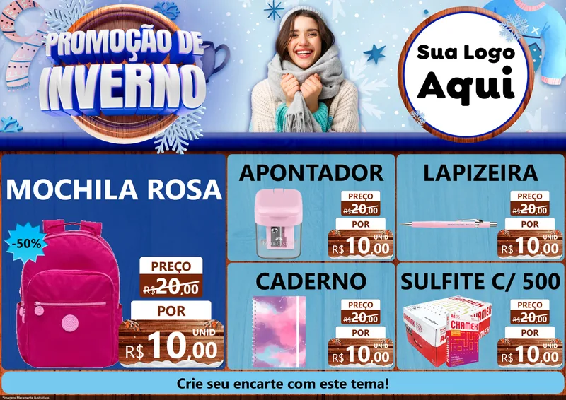 Modelo de Encarte para Encarte A4 Horizontal com o tema Promoção de Inverno para Papelaria