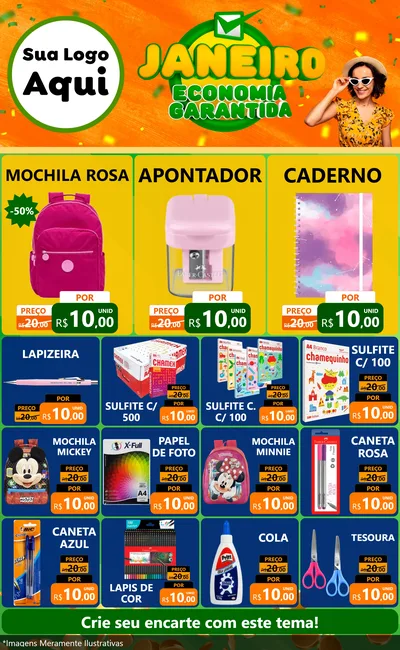 Modelo de Encarte para Encarte Grande com o tema Janeiro - Economia Garantida para Papelaria