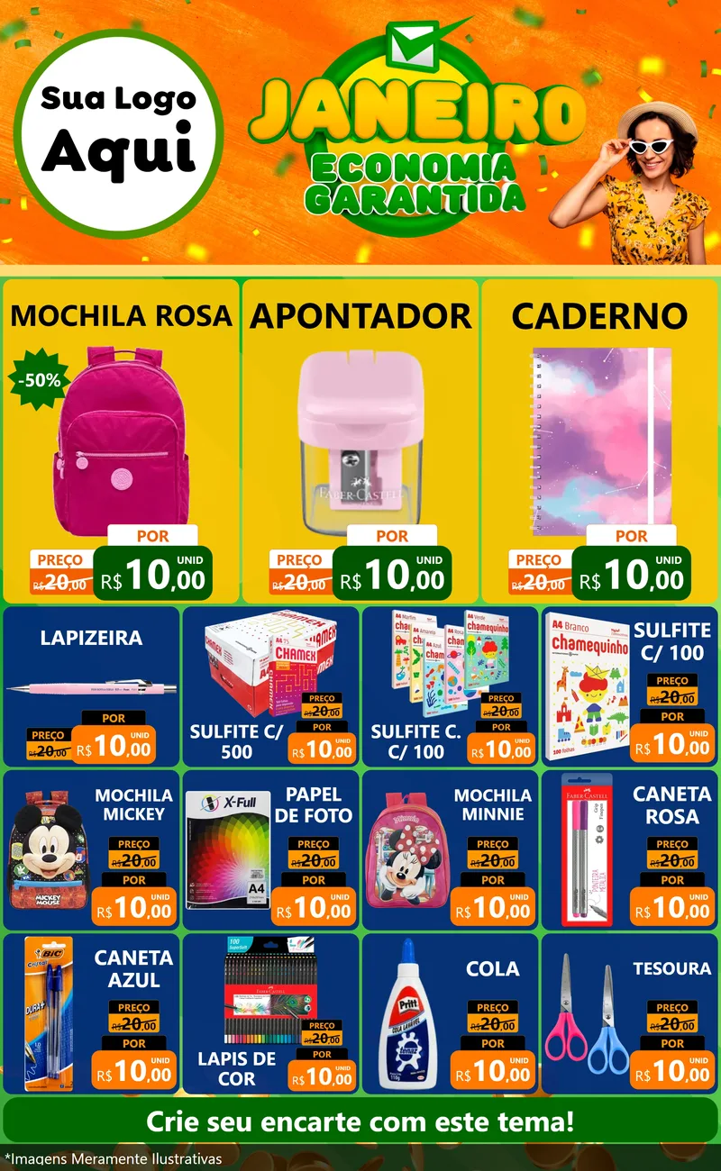 Modelo de Encarte para Encarte Grande com o tema Janeiro - Economia Garantida para Papelaria
