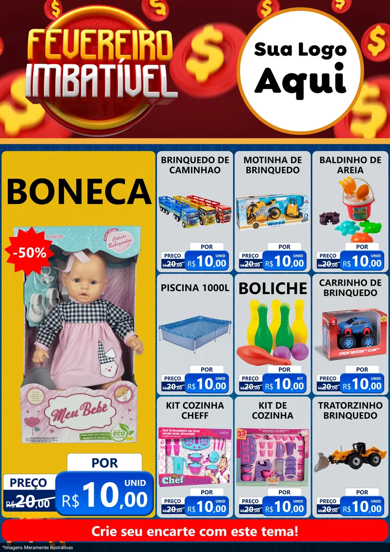 Modelo de Encarte para Encarte A4 Vertical com o tema Fevereiro Imbatível para Brinquedos