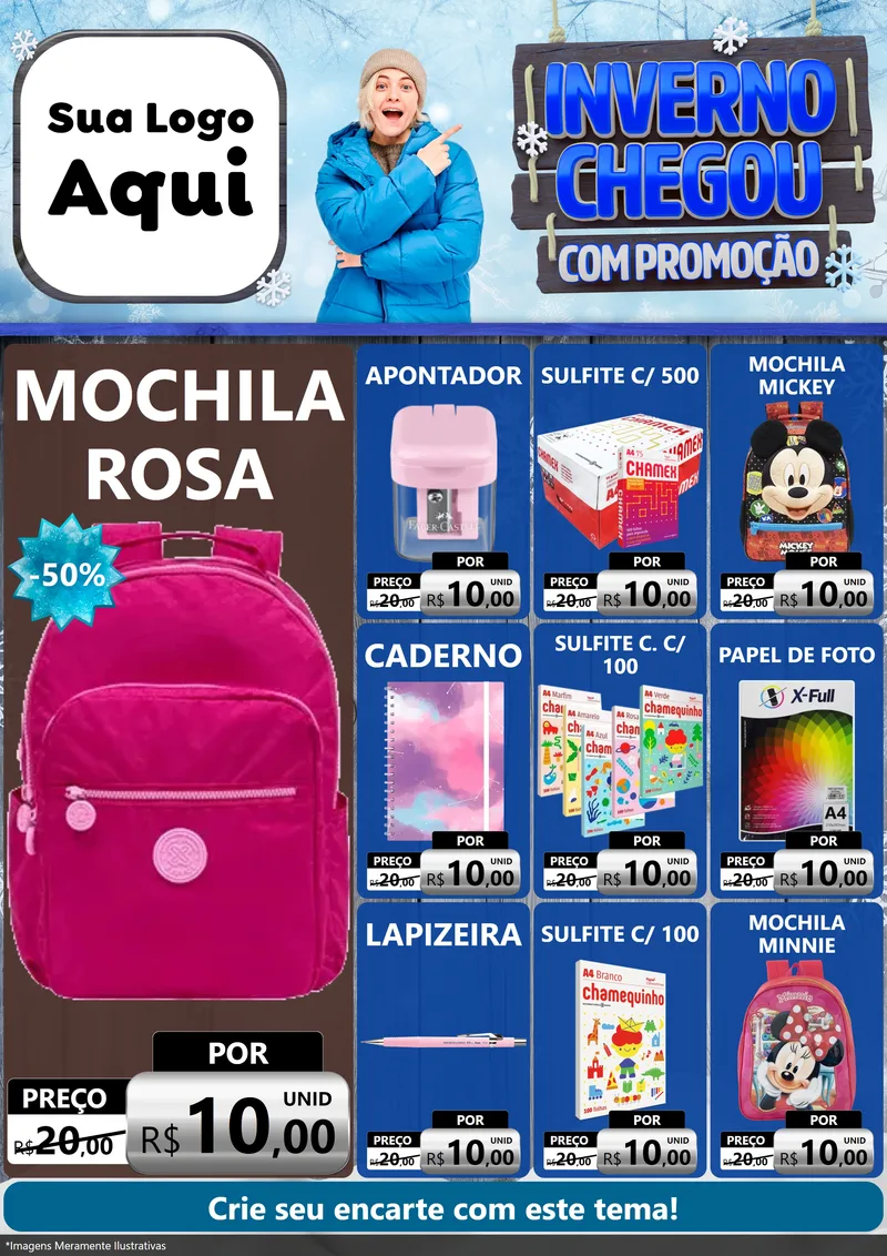 Modelo de Encarte para Encarte A4 Vertical com o tema Inverno Chegou Com Promoção para Papelaria