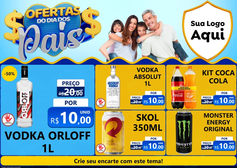 Modelo de Encarte para Encarte A4 Horizontal com o tema Ofertas do Dia dos Pais para Distribuidora de bebidas