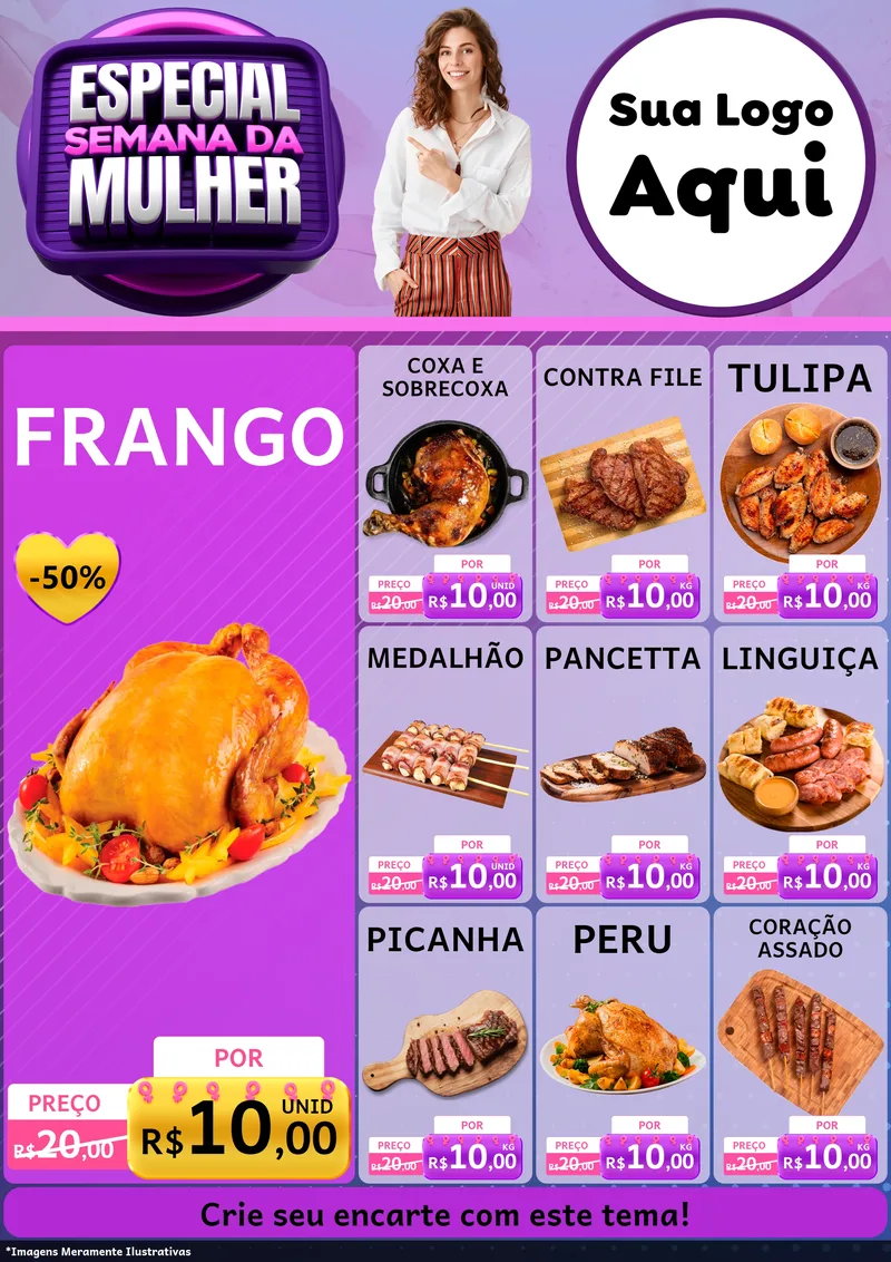 Modelo de Encarte para Encarte A4 Vertical com o tema Especial Semana da Mulher para Assados