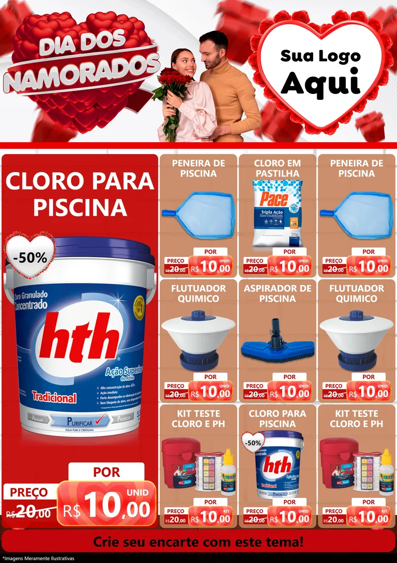 Modelo de Encarte para Encarte A4 Vertical com o tema Dia dos Namorados para Produtos para Piscina