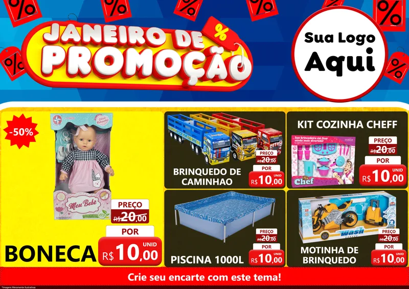 Modelo de Encarte para Encarte A4 Horizontal com o tema Janeiro de Promoção para Brinquedos