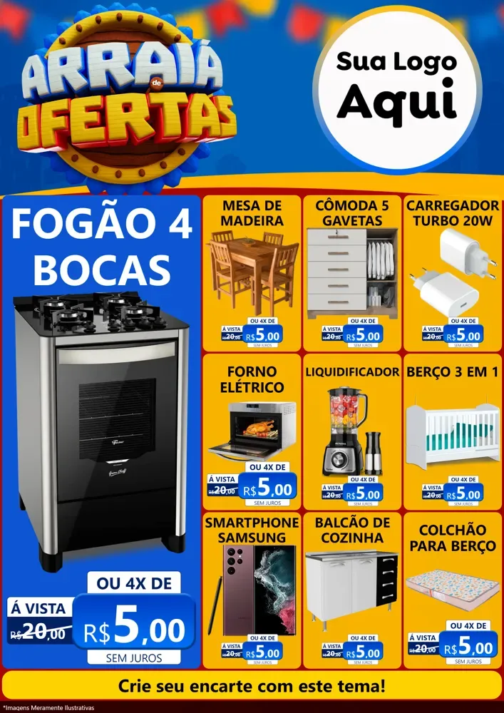 Modelo de Encarte para Encarte A4 Vertical com o tema Arraiá de Ofertas - Junina para Móveis e Eletro