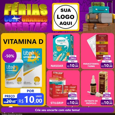 Modelo de Rede Social para Feed Facebook com o tema Férias com Grandes Ofertas para Farmácia