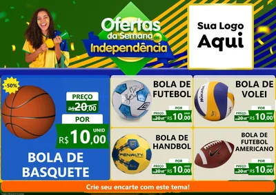 Modelo de Encarte para Encarte A4 Horizontal com o tema Ofertas da Semana da Independência para Artigos Esportivos