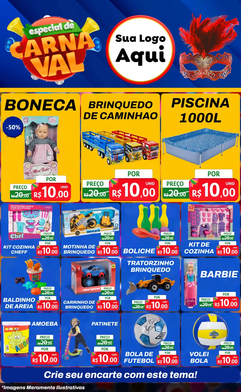 Modelo de Encarte para Encarte Grande com o tema Especial de Carnaval para Brinquedos