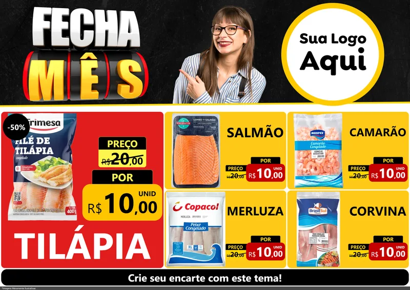Modelo de Encarte para Encarte A4 Horizontal com o tema Fecha Mês para Peixaria