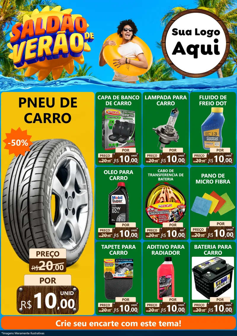 Modelo de Encarte para Encarte A4 Vertical com o tema Saldão de Verão para Auto peças