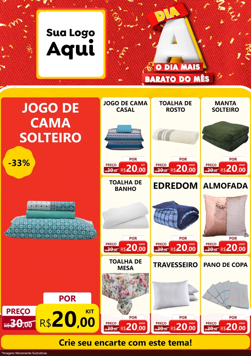 Modelo de Encarte para Encarte A4 Vertical com o tema Dia A o Dia Mais Barato do Mês para Cama, Mesa e Banho
