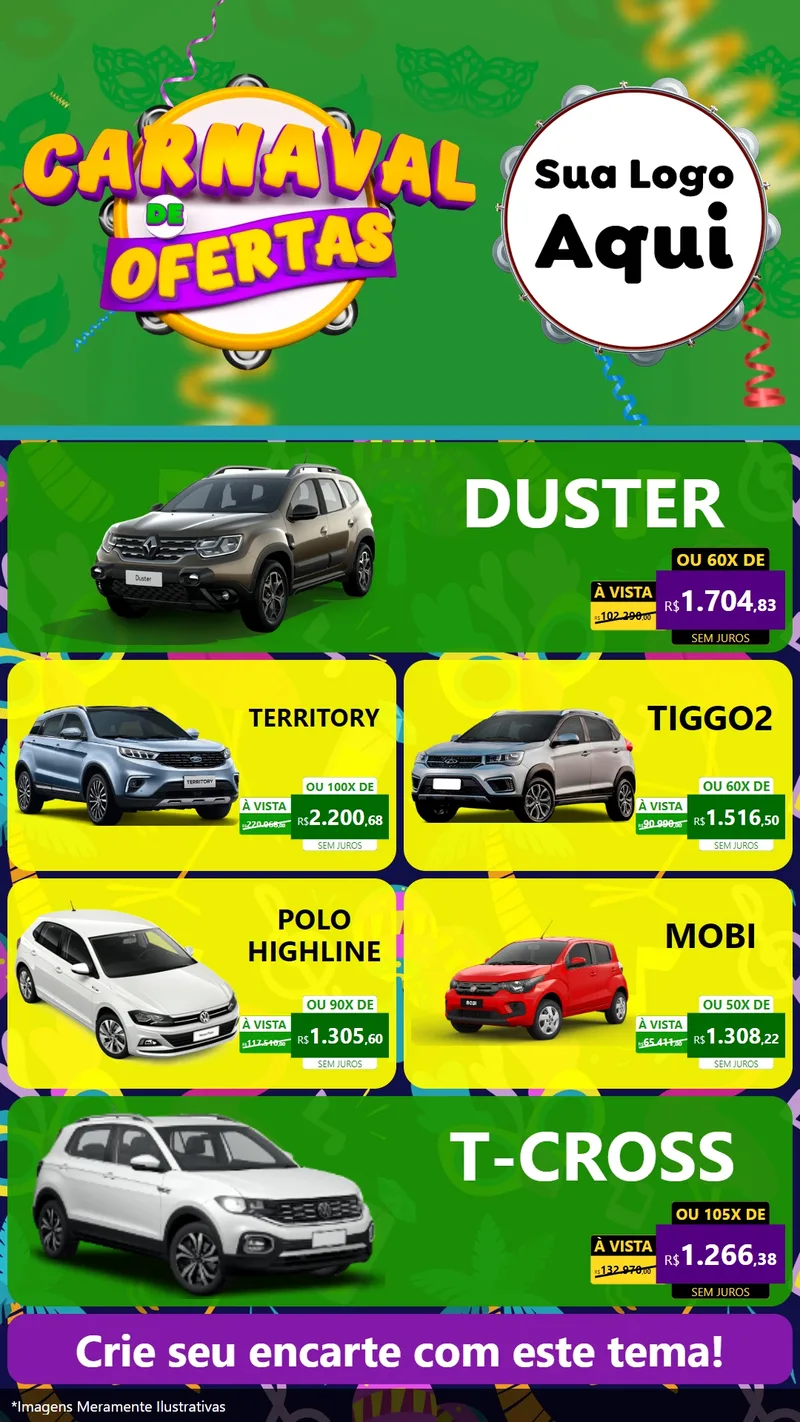 Modelo de TV para TV Vertical com o tema Carnaval de Ofertas para Concessionaria de Carros