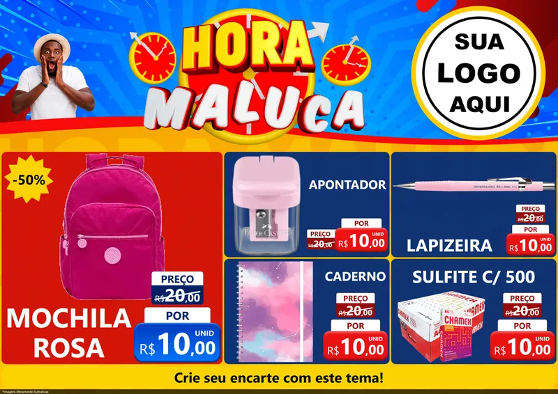 Modelo de Encarte para Encarte A4 Horizontal com o tema Hora Maluca para Papelaria