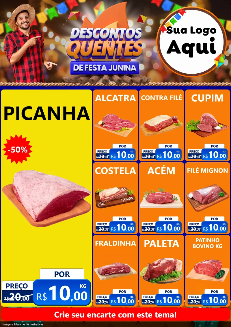 Modelo de Encarte para Encarte A4 Vertical com o tema Descontos Quentes de Festa Junina para Açougue