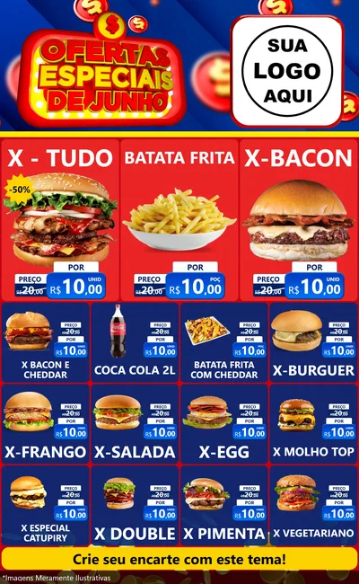 Modelo de Encarte para Encarte Grande com o tema Ofertas Especiais de Junho para Hamburgueria