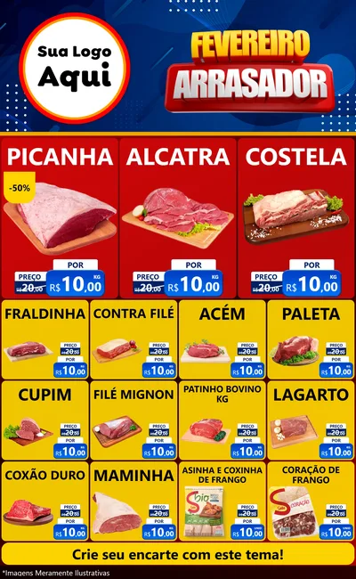 Modelo de Encarte para Encarte Grande com o tema Fevereiro Arrasador para Açougue