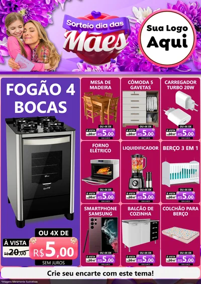 Modelo de Encarte para Encarte A4 Vertical com o tema Sorteio Dia das Mães para Móveis e Eletro